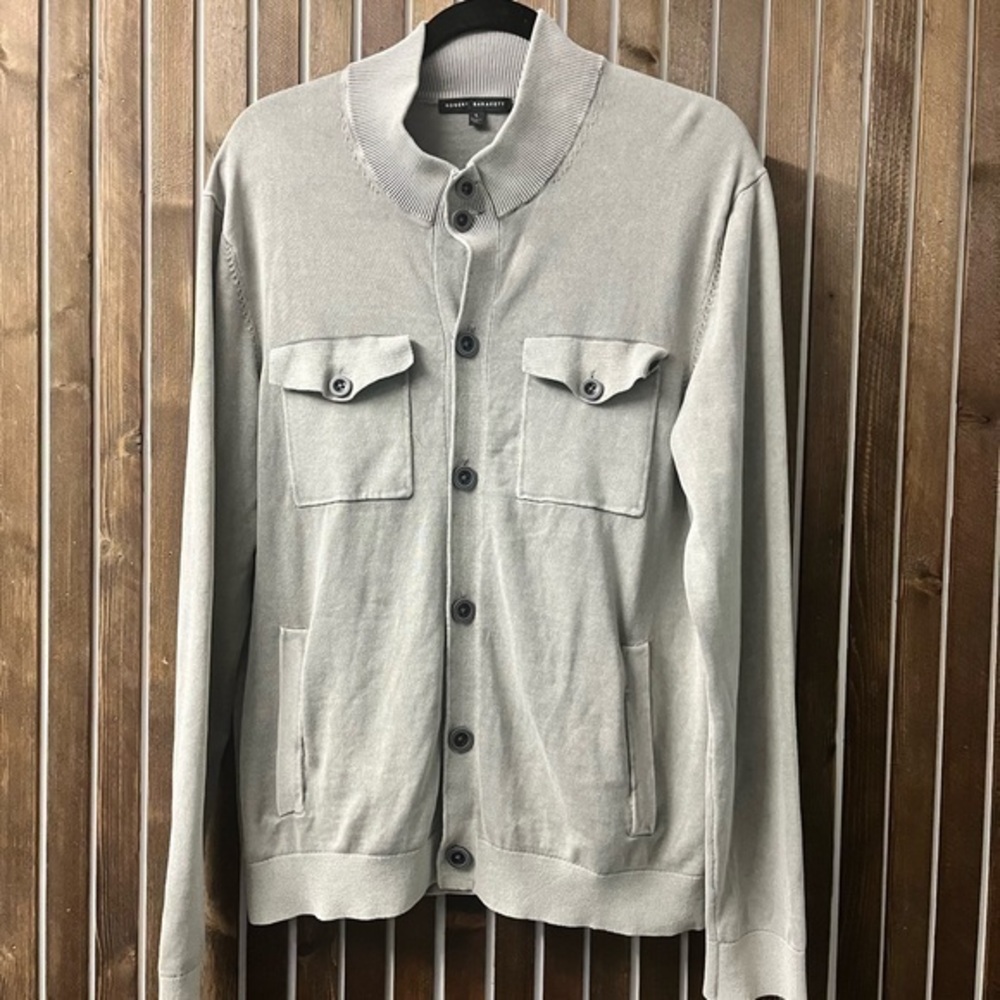 ROBERT BARAKETT | Loki Mock Neck Cotton Cardigan - Grey/Sage sz Large